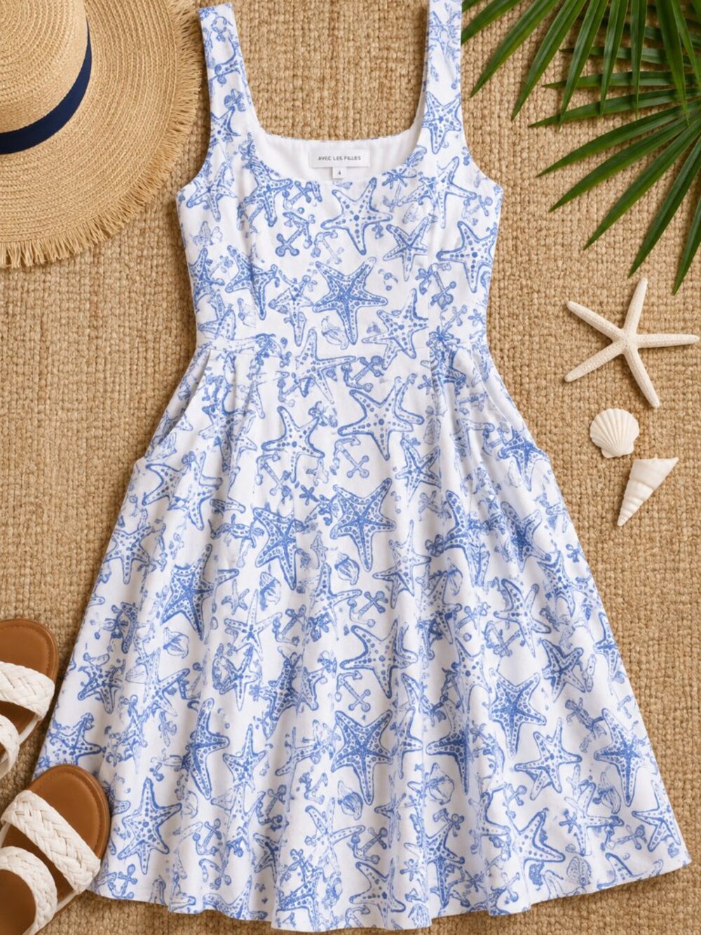 Avec Les Filles Dress Womens 4 Linen Blend Blue Nautical Starfish Pockets